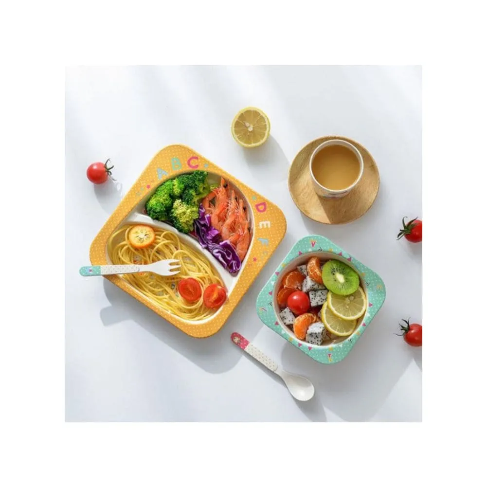 5PCS Unbreakable Kids Cutlery Set for Healthy Mealtime, Bamboo Children Dinner Set with Plate, Bowl, Cup, Fork and Spoon, BPA Free Dishwasher Safe, Elephant