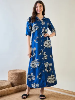 Abstract Blue Floral Button Down Night Dress