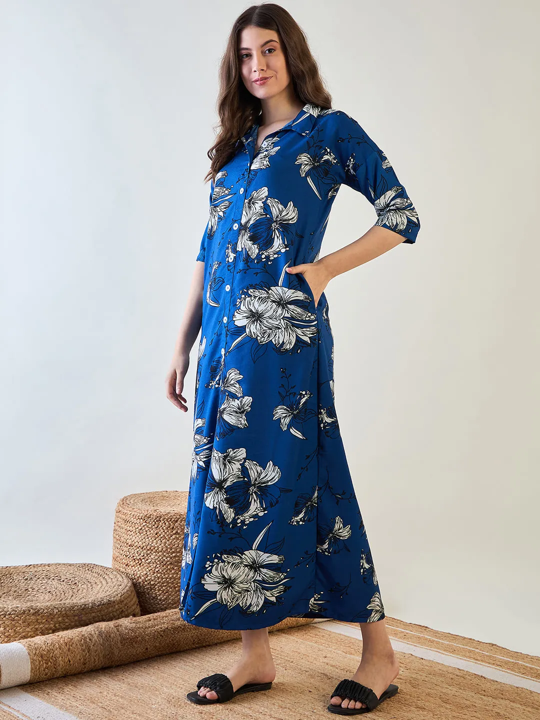 Abstract Blue Floral Button Down Night Dress