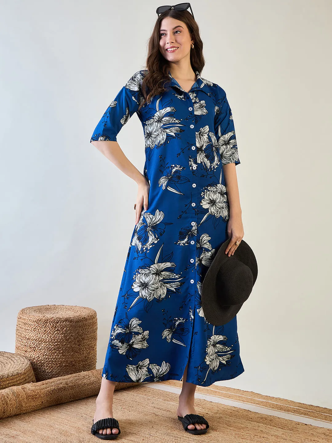 Abstract Blue Floral Button Down Night Dress