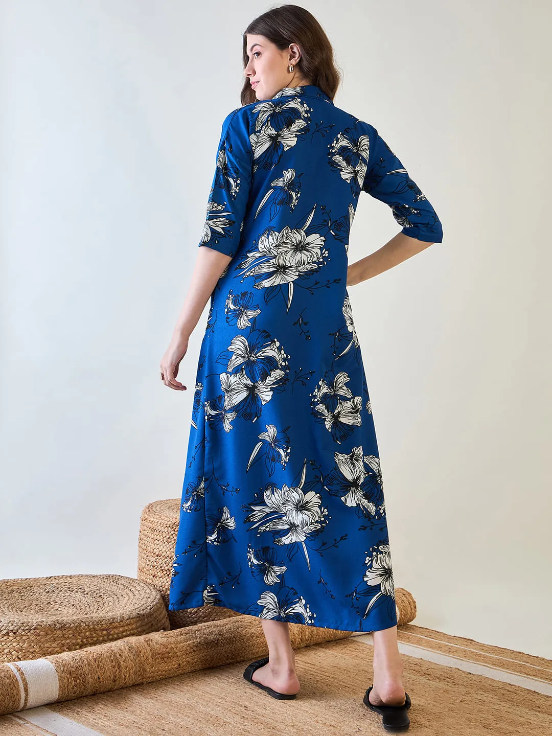 Abstract Blue Floral Button Down Night Dress