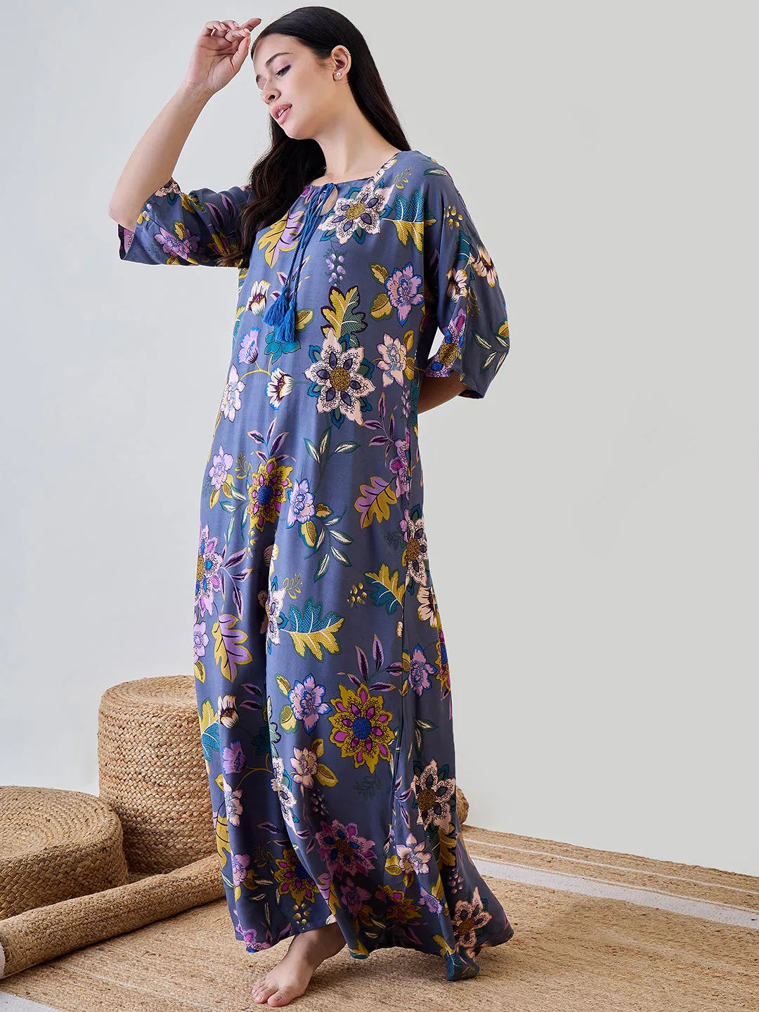 Abstract Floral Soft Modal Flowy Nightdress