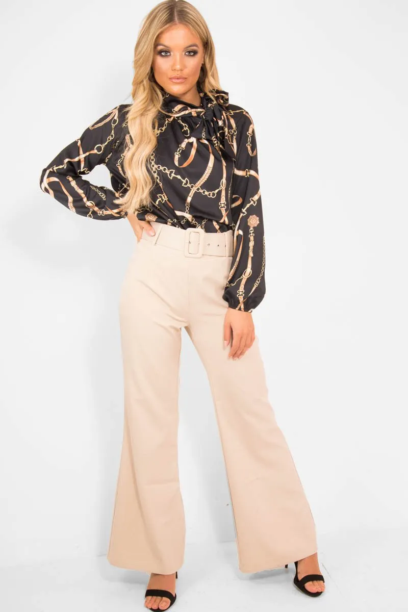 Black Gold Chain Print Satin Long Sleeve Bow Shirt - Abrah