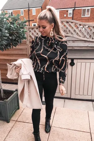 Black Gold Chain Print Satin Long Sleeve Bow Shirt - Abrah