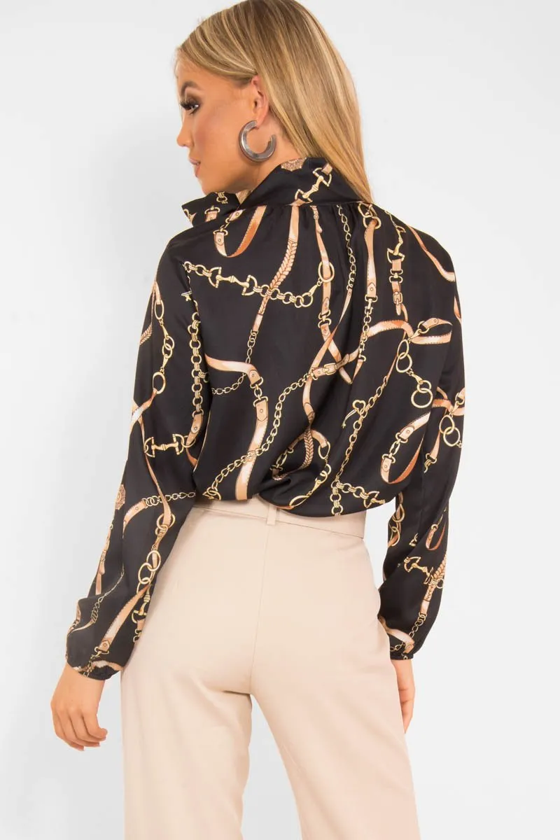 Black Gold Chain Print Satin Long Sleeve Bow Shirt - Abrah