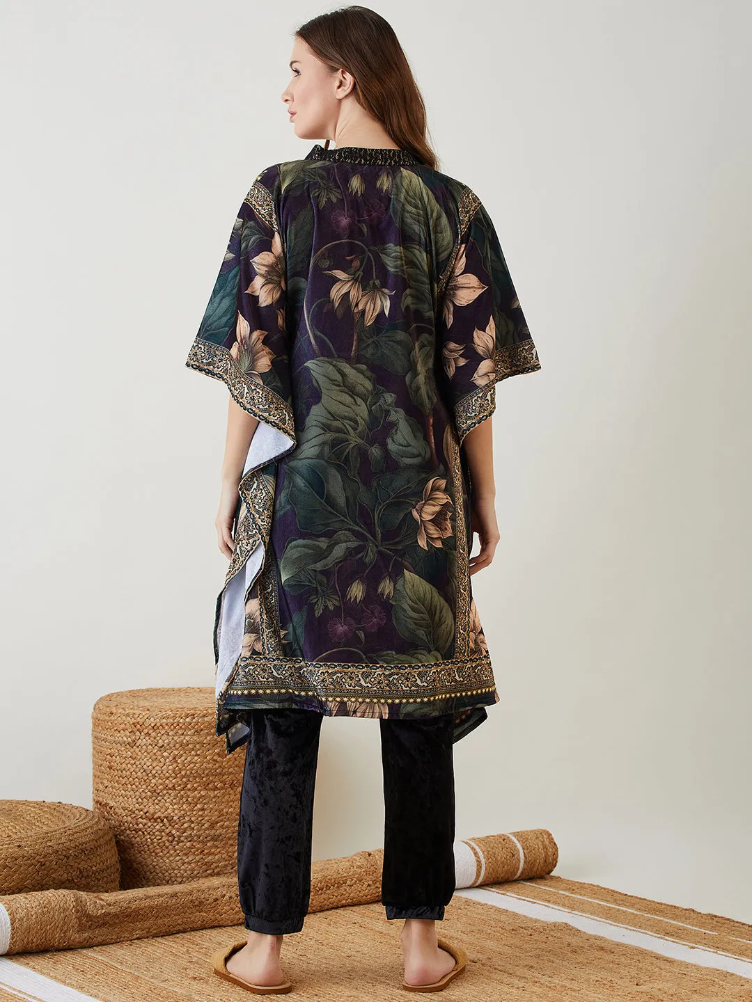 Black Vintage Floral Velvet Kaftan Co-ord Set