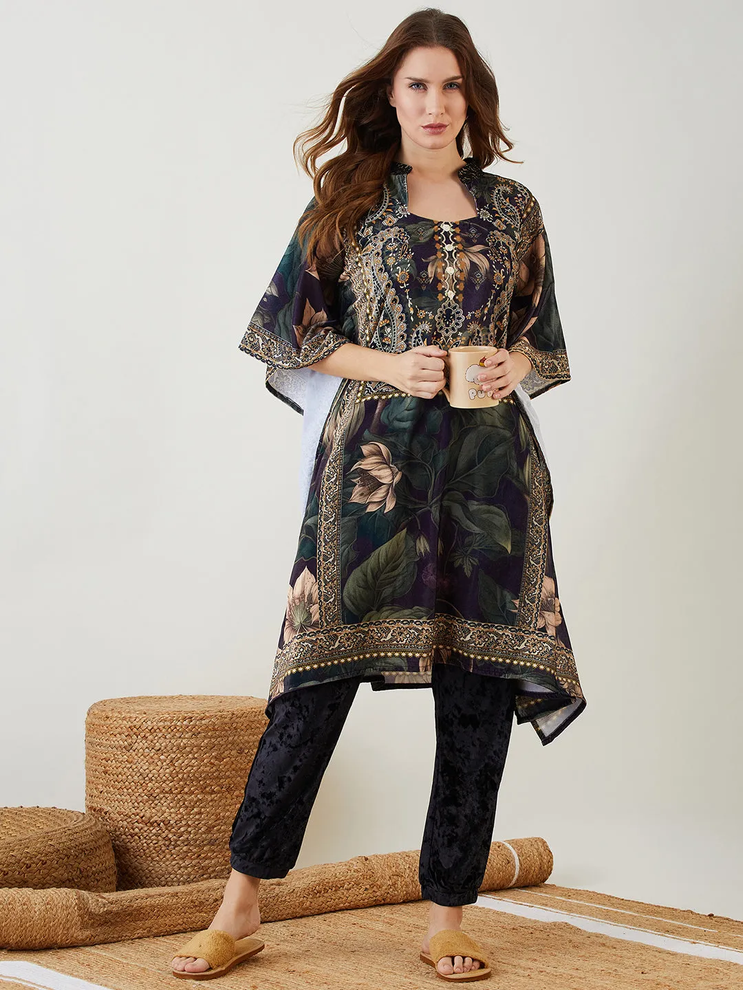 Black Vintage Floral Velvet Kaftan Co-ord Set