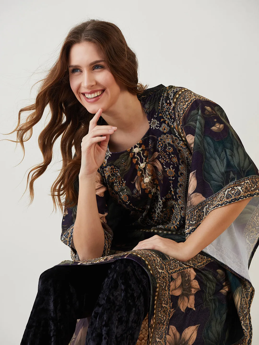 Black Vintage Floral Velvet Kaftan Co-ord Set