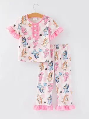 Cartoon Girls Print Pink Pajama Outfit Set