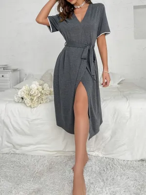 Casual Solid Night Robe, Short Sleeve V Neck Robe With Belt, Women's Sleepwear & Dresses