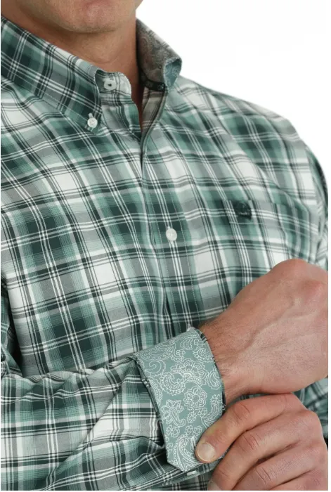 Cinch Mens Classic Fit Plaid L/S  Button Down Shirt - White/Turquoise - MTW1105705