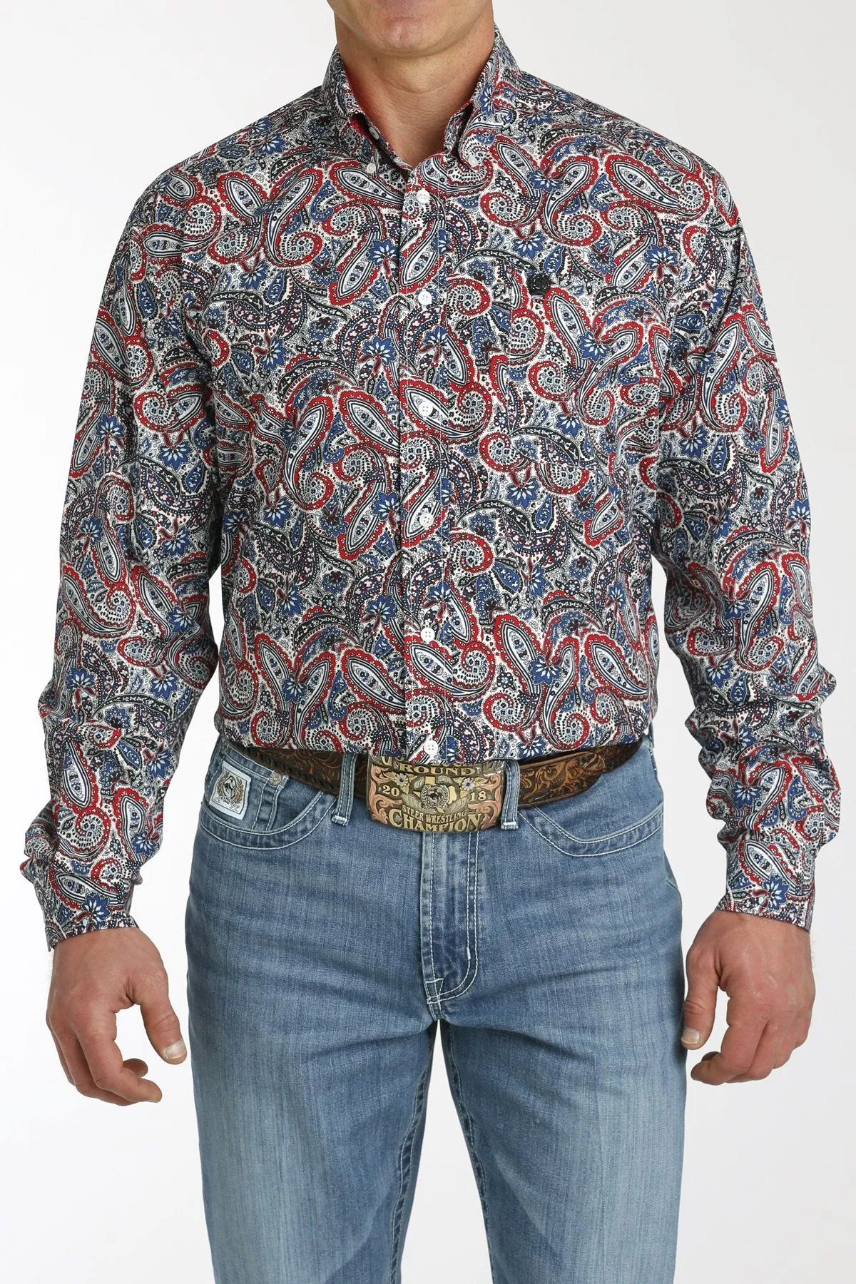 Cinch Mens Paisley Print Button Down Western L/S Shirt - Royal/White/Black - MTW1105766