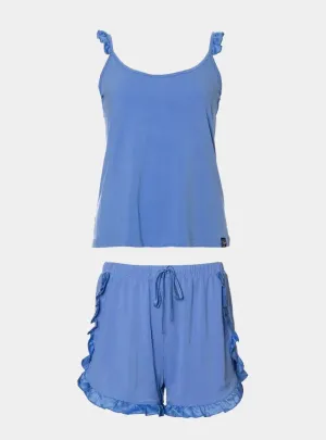 Cornflower Blue Bamboo Frill Cami Short Pyjama Set