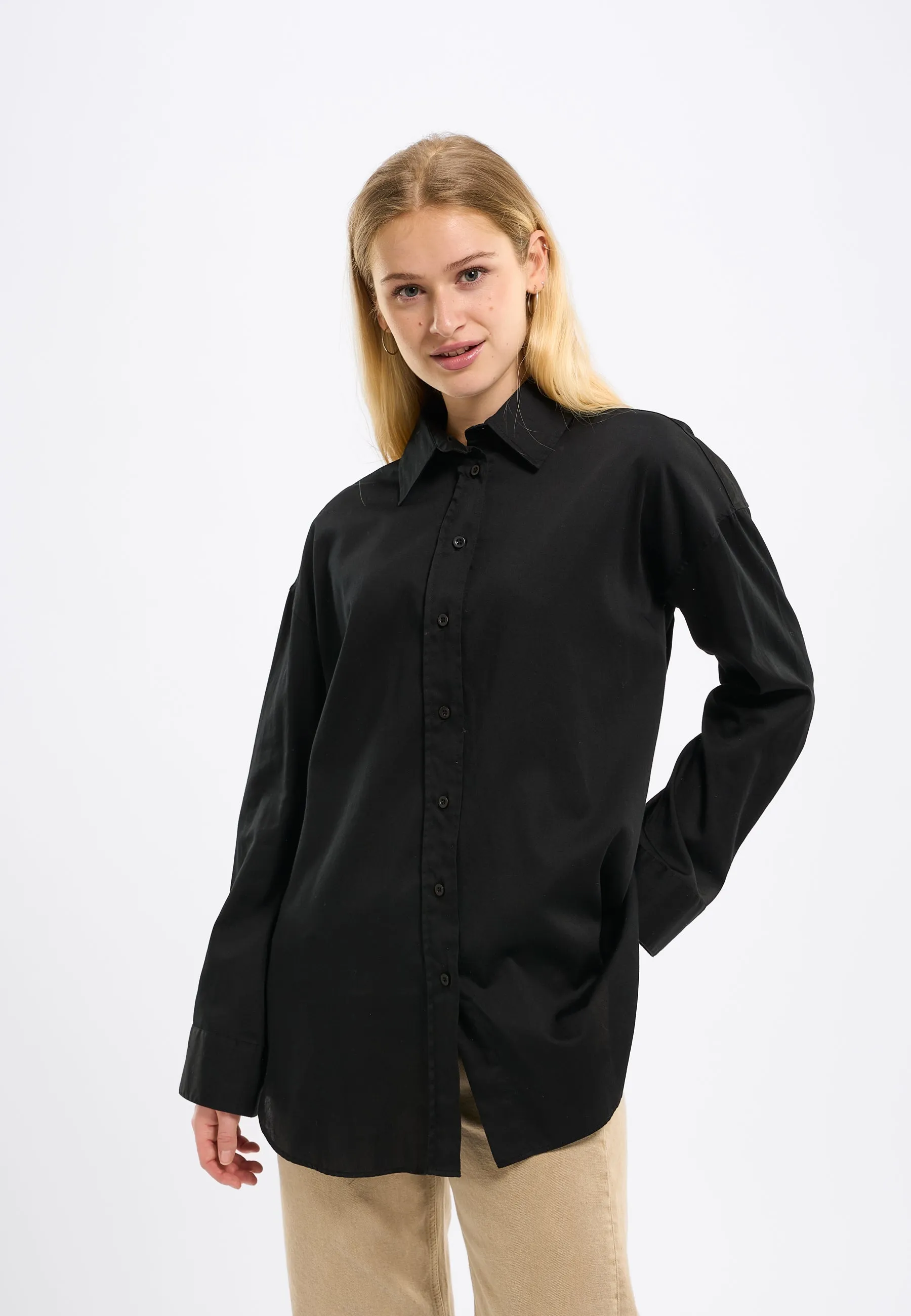 Cotton satin oversized long sleeved shirt - Black Jet