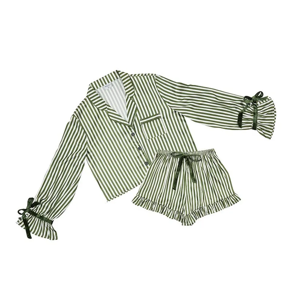 Cropped PJ Set   Velvet Ties - Green Stripe