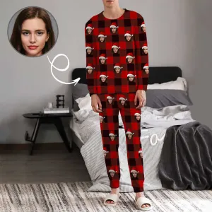 Custom Christmas Hat Red Black Grids Men's Long Pajama Set