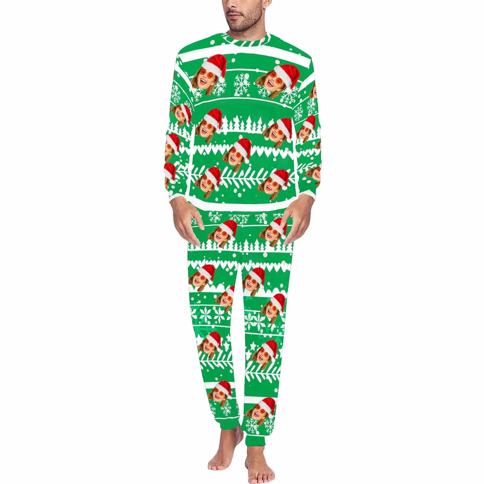 Custom Face Christmas Hat Green Men's Long Pajama Set