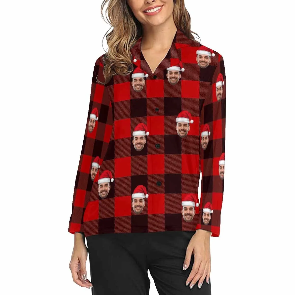 Custom Face Christmas Hat Red Black Stripe Women's Long Pajama Set Pajama Top&Pajama Bottom