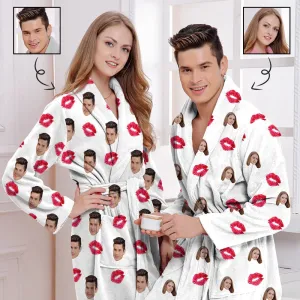 Custom Face Fleece Robe Love Personalized All Over Print Pajama Kimono Robe for Men Women