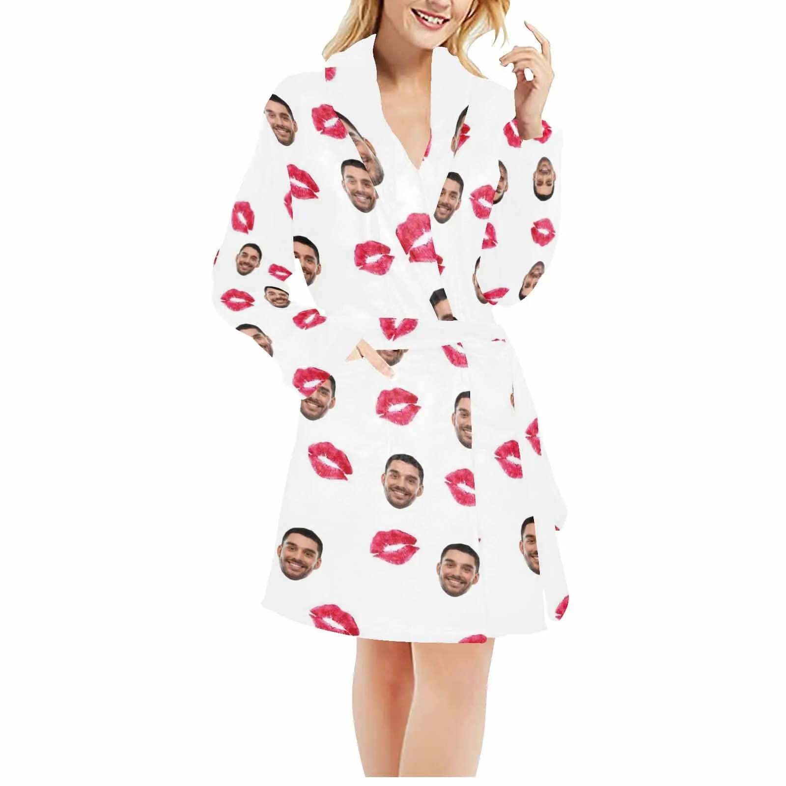 Custom Face Fleece Robe Love Personalized All Over Print Pajama Kimono Robe for Men Women