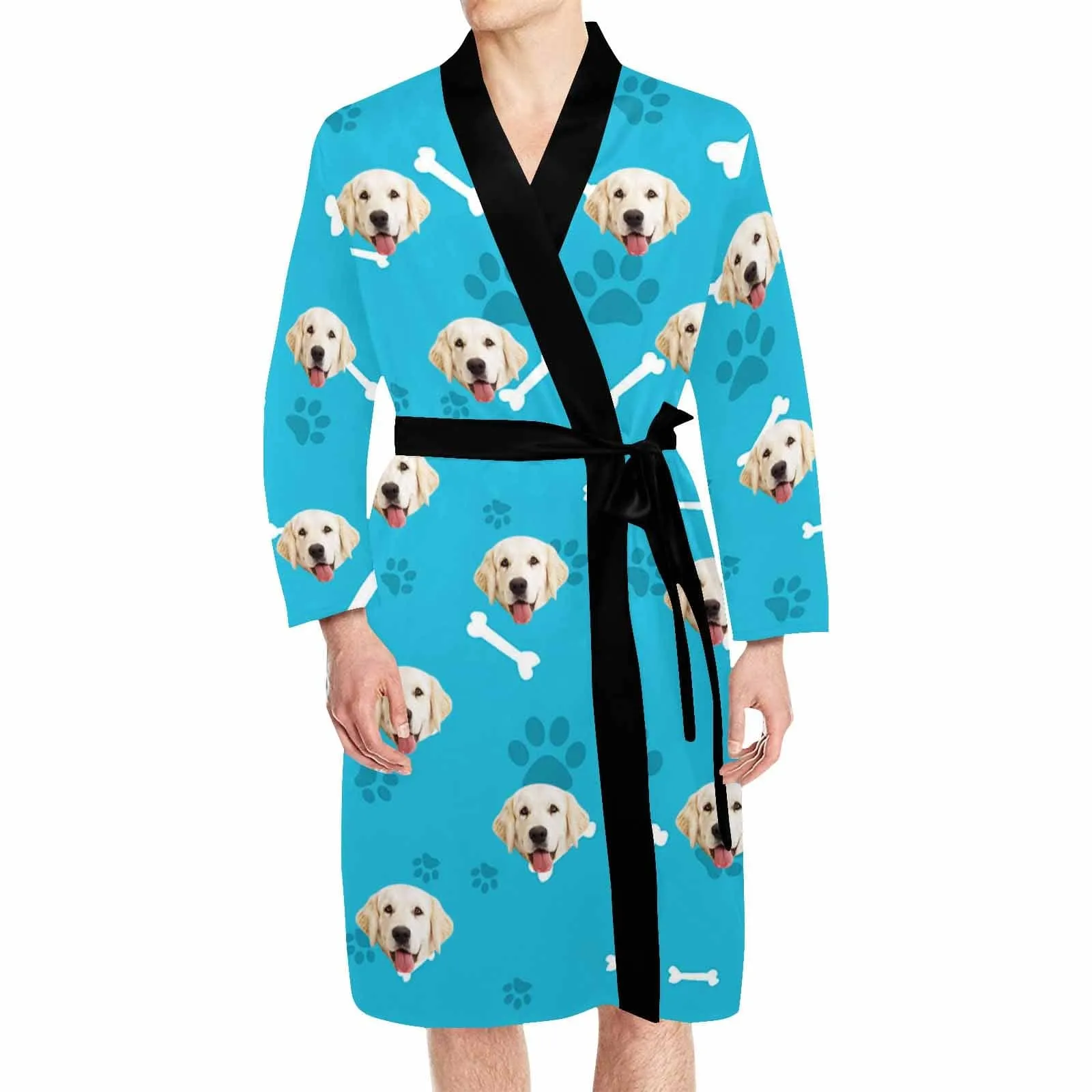 Custom Face Long Sleeve Belted Night Robe for Women Men Blue Personalized Pajama Kimono Robe