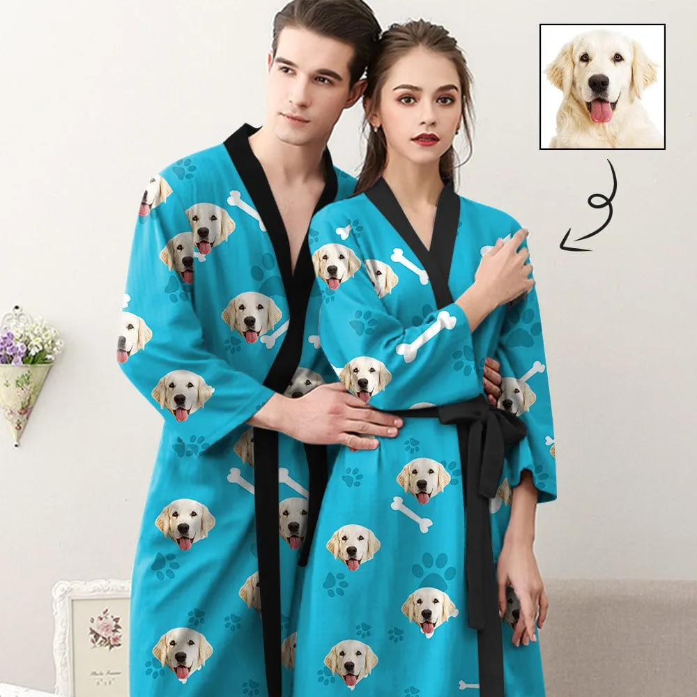 Custom Face Long Sleeve Belted Night Robe for Women Men Blue Personalized Pajama Kimono Robe