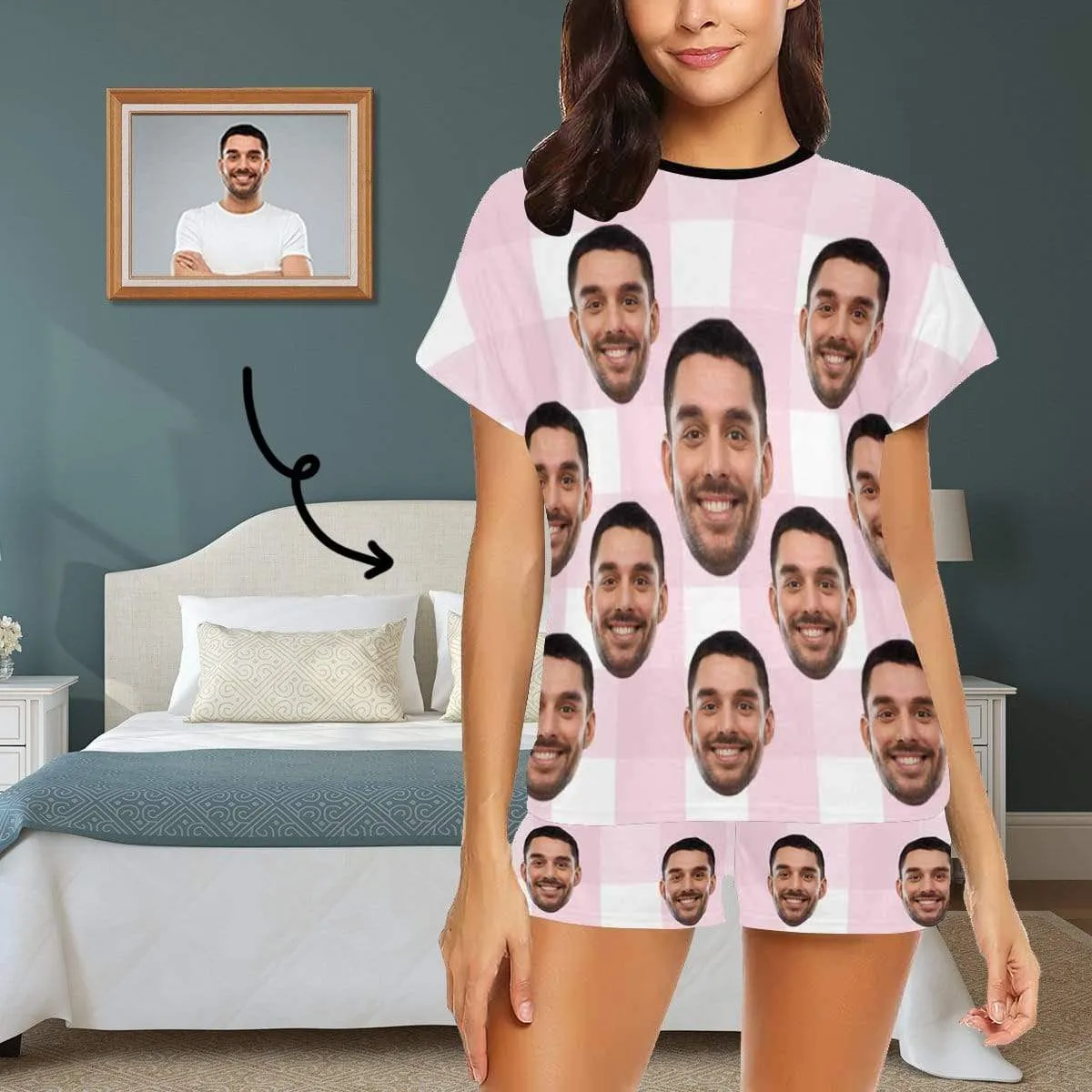 Custom Face Pajamas for Women Pink&White Grid Loungewear Personalized Women's Short Pajama Set