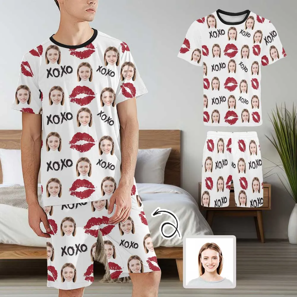 Custom Face Red Lips Men's Pajama Set Personalized Crew Neck Short Sleeve Pajama Set