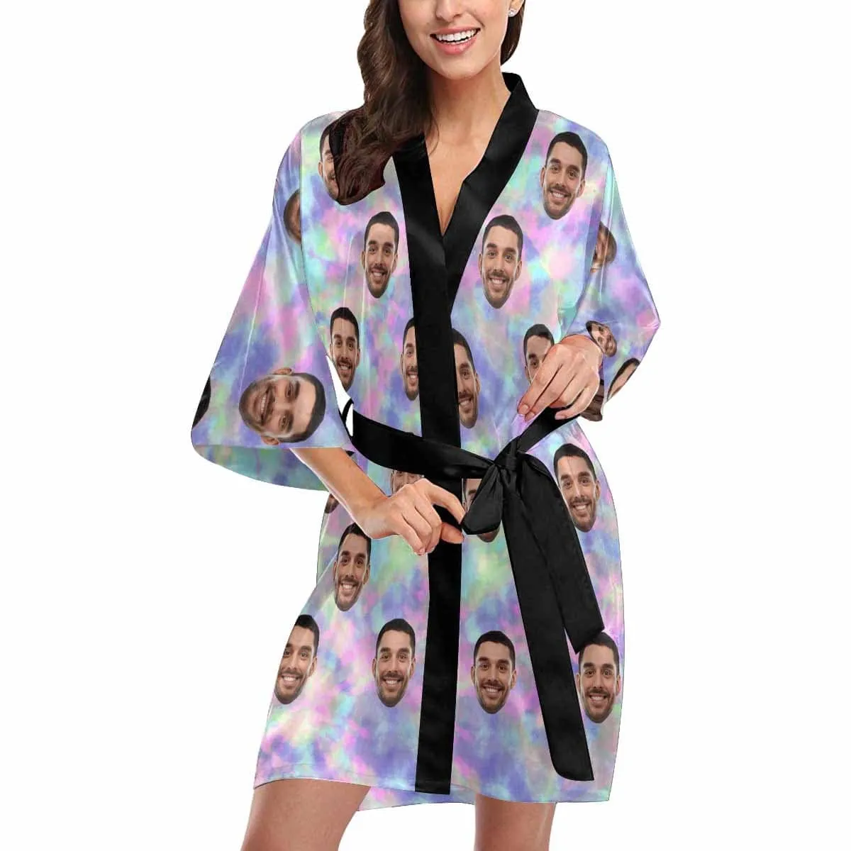 Custom Husband Face Tie-dye Laser Pink Blue Women's Short Pajamas Funny Personalized Photo Pajamas Kimono Robe