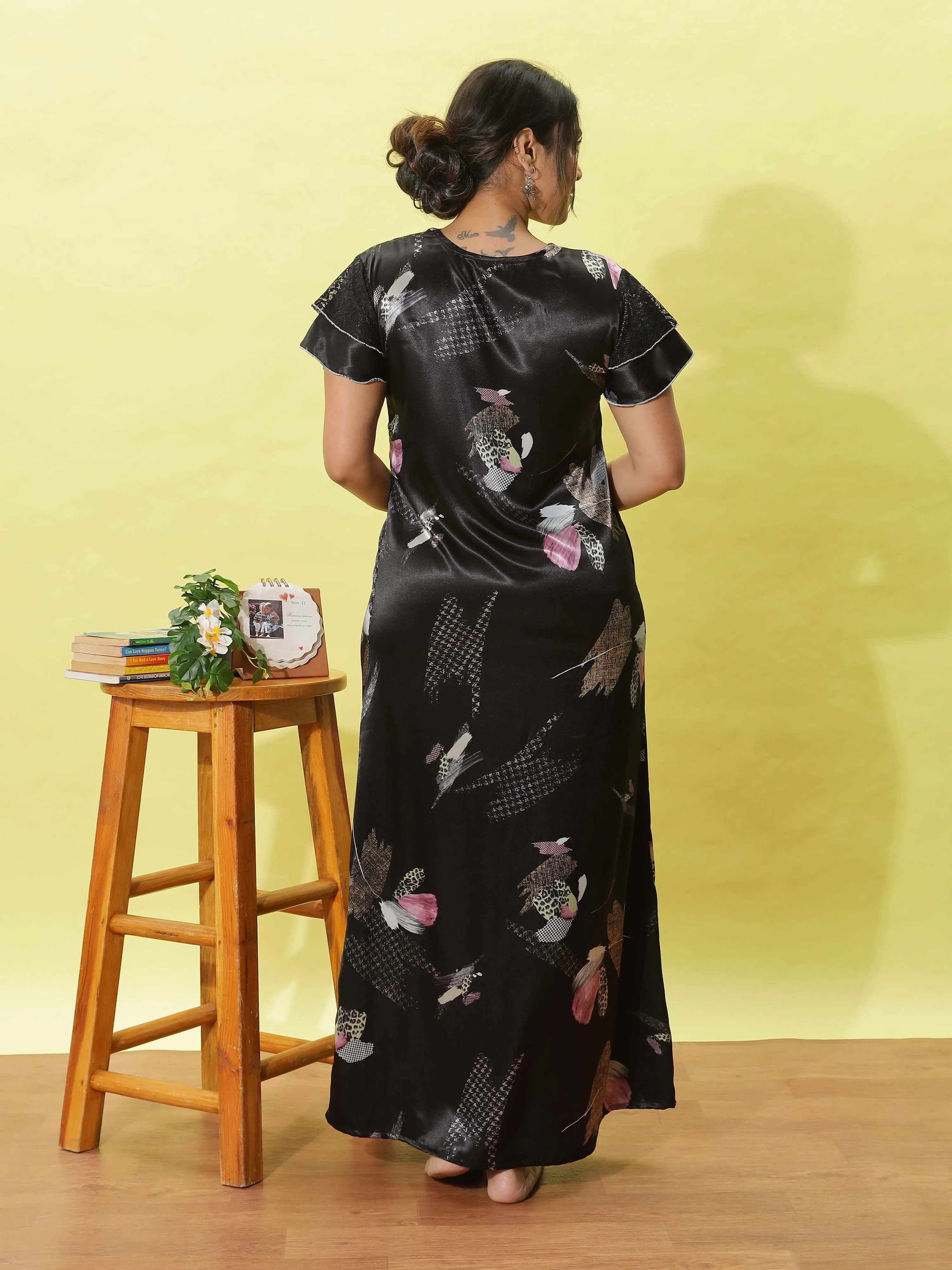 Elegant Black Floral Satin Maxi Nighty for Women with Pocket