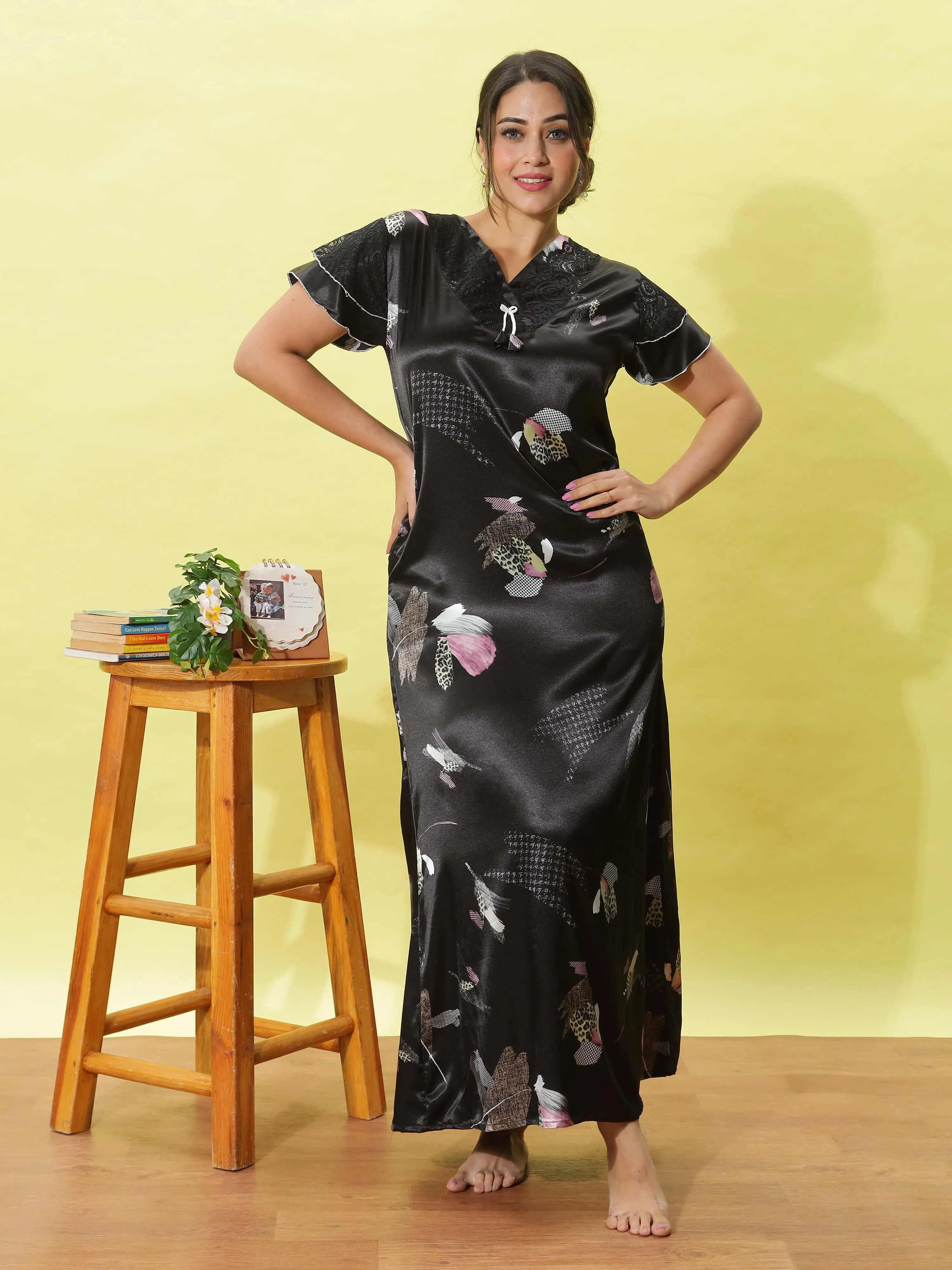 Elegant Black Floral Satin Maxi Nighty for Women with Pocket