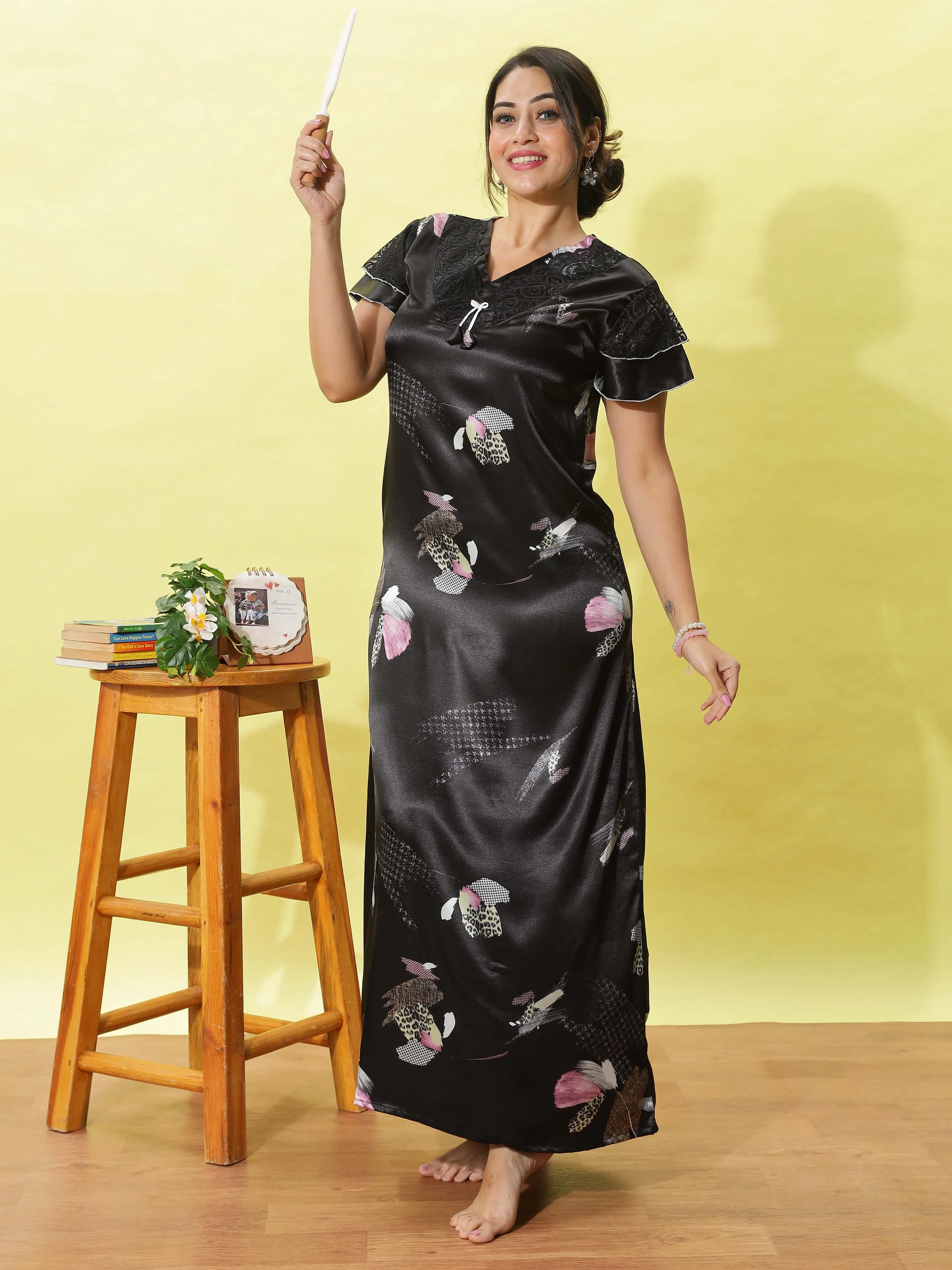 Elegant Black Floral Satin Maxi Nighty for Women with Pocket