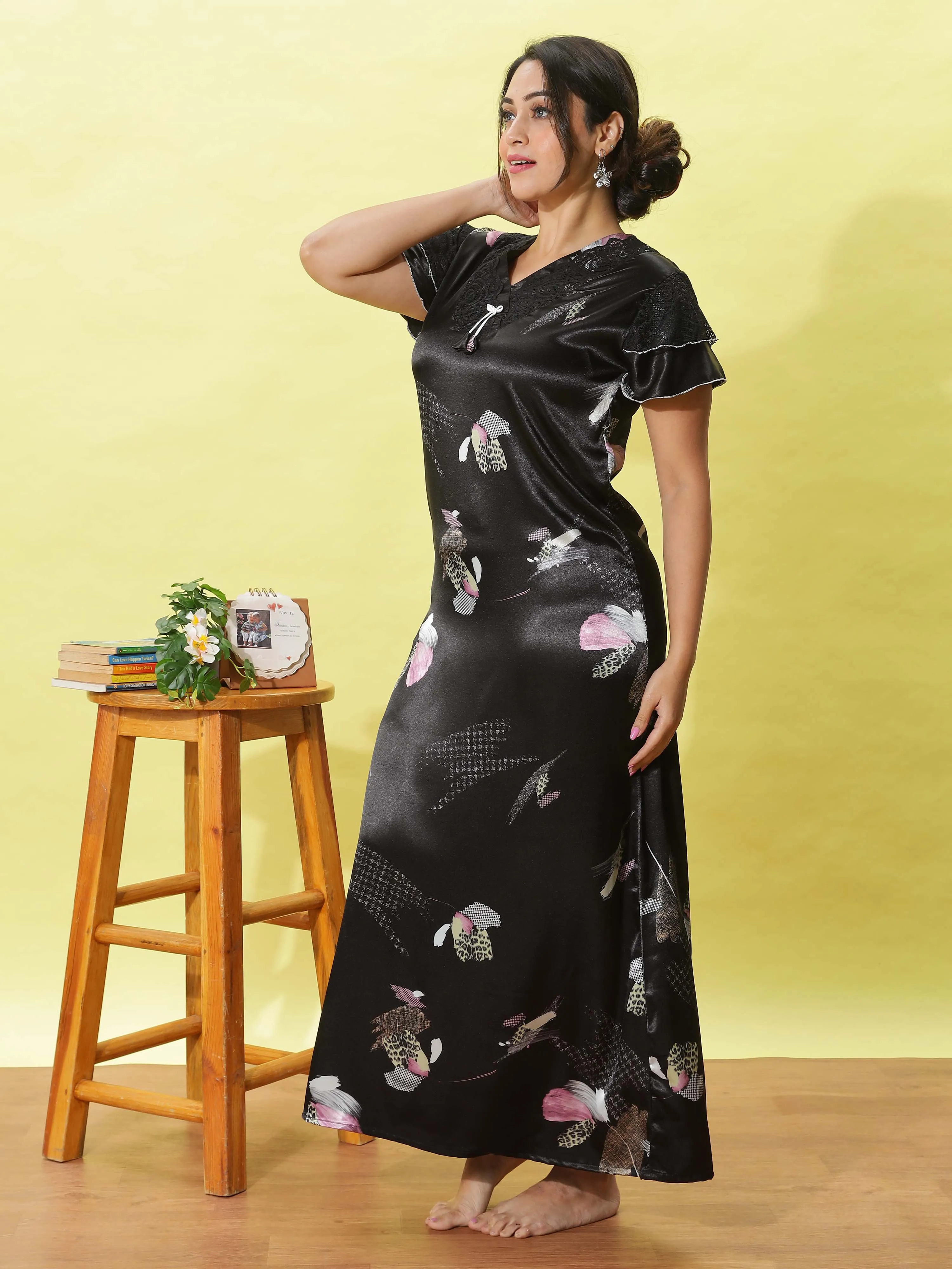 Elegant Black Floral Satin Maxi Nighty for Women with Pocket