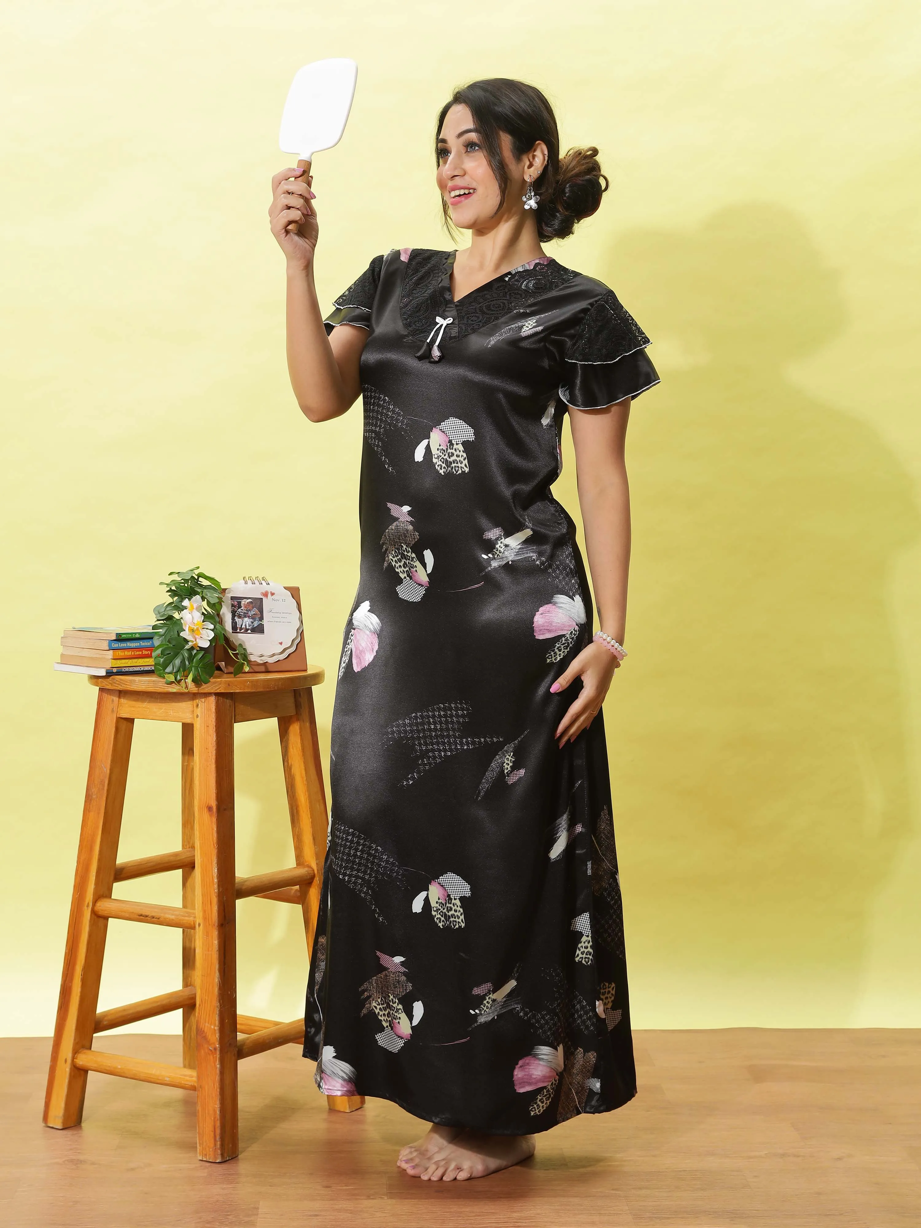 Elegant Black Floral Satin Maxi Nighty for Women with Pocket