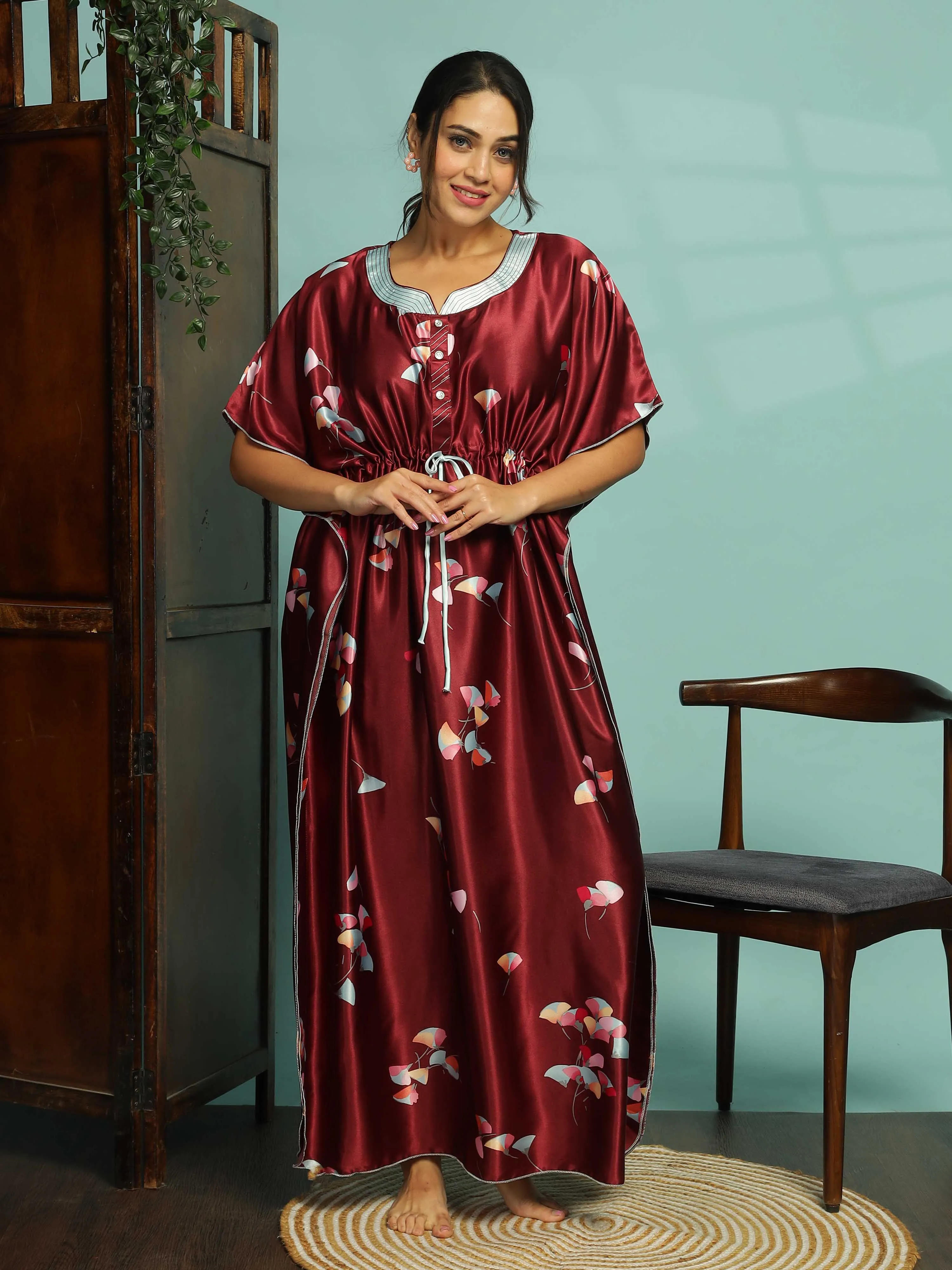 Elegant Maroon Satin Kaftan Nightdress for Comfort & Style