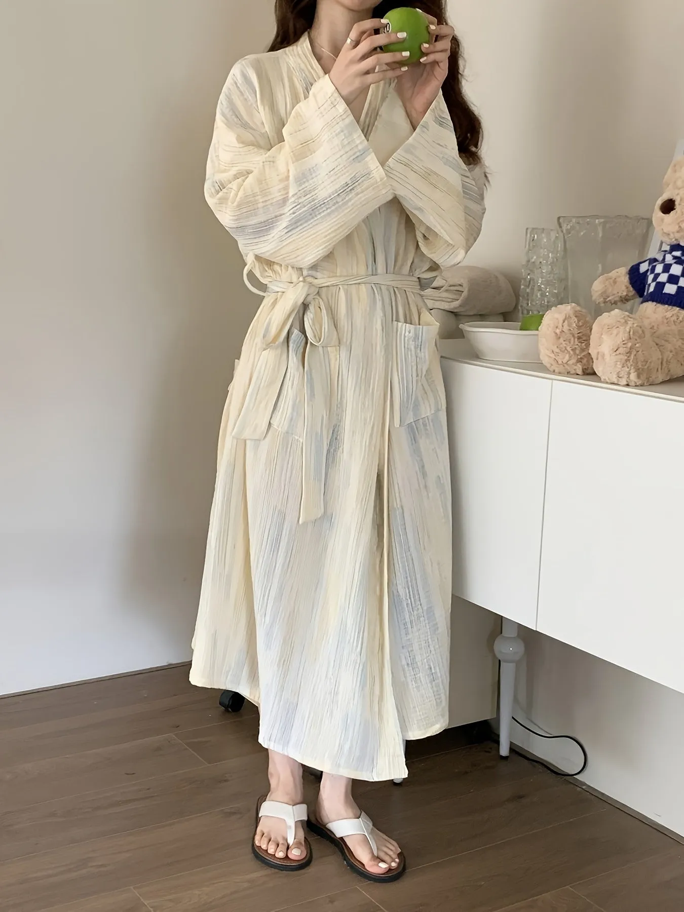 Elegant Ombre Stripe Print Night Robes, Comfy Long Sleeve Pocketed Robe With Belt, Women's Loungewear & Sleepwear