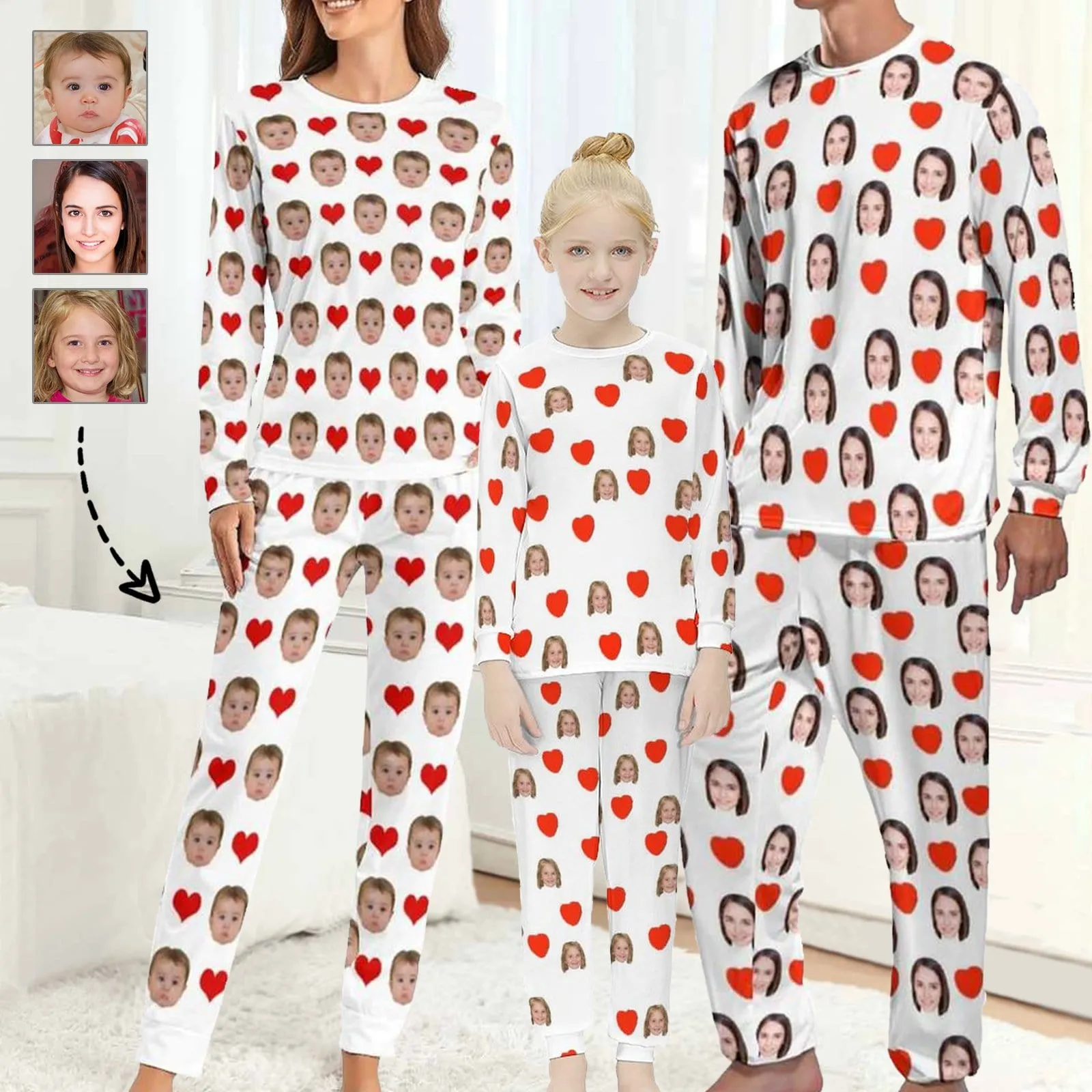 Family Matching Pajamas Custom Face Love Heart Sleepwear Personalized Family Matching Long Sleeve Pajama Set