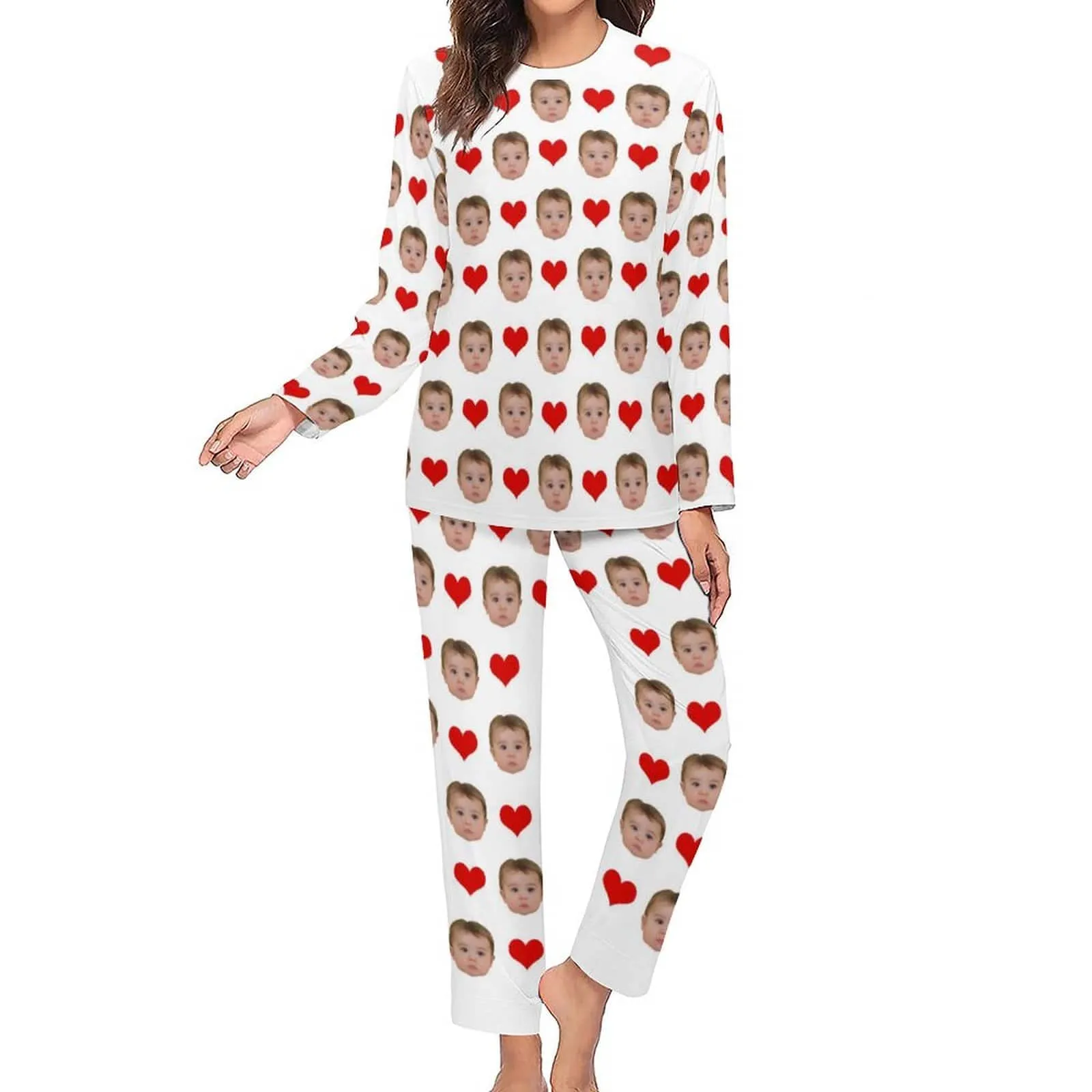 Family Matching Pajamas Custom Face Love Heart Sleepwear Personalized Family Matching Long Sleeve Pajama Set