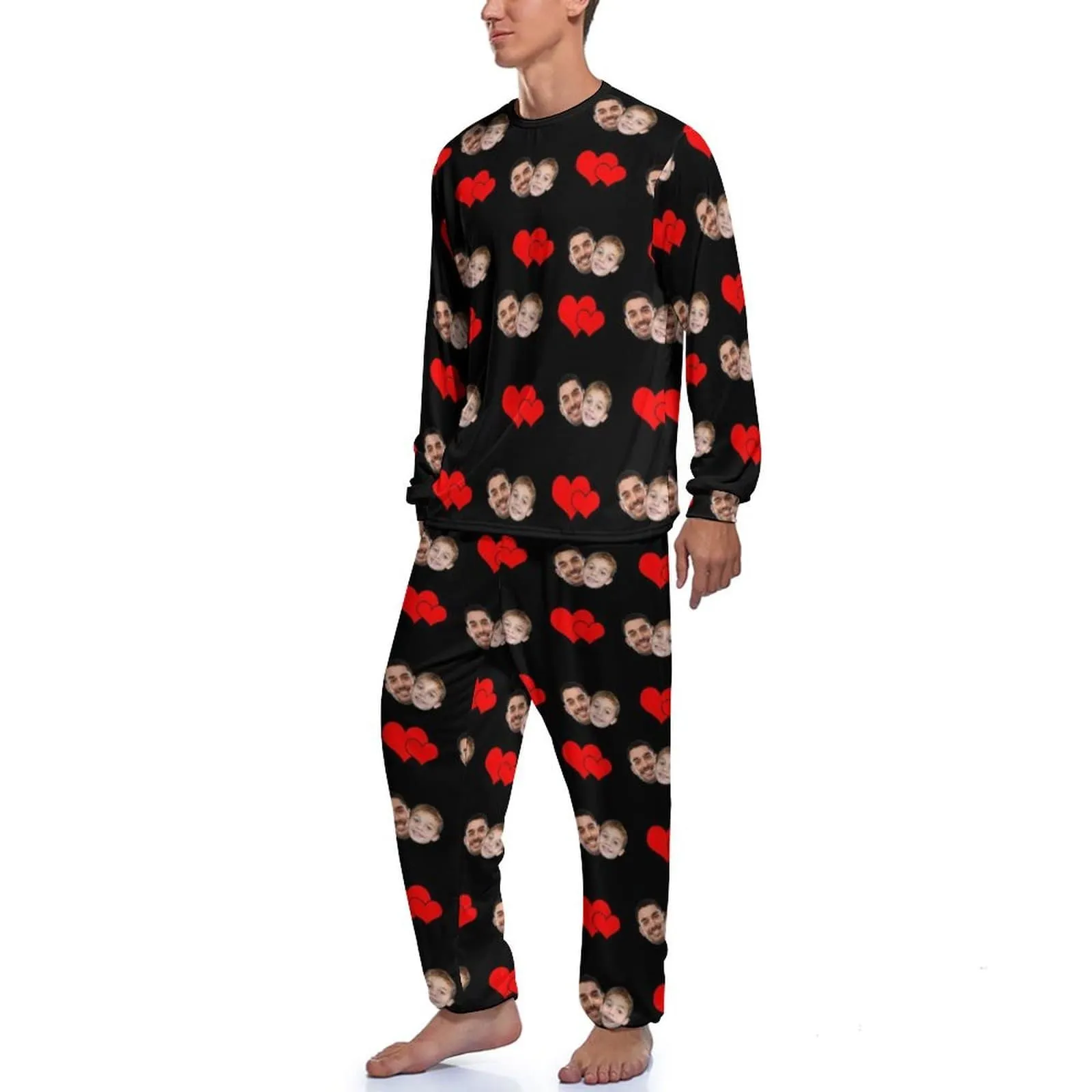 Father's Photo Pajamas Custom Face Dad Love Kids Love Heart Men's Pajamas Personalized Pajama Set Funny Long Sleeve Nightwear