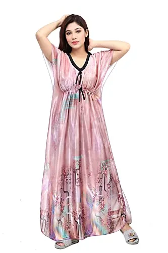 G4Girl Women Satin Silk Geometric Print Maxi Kaftan Nighty Gown (Free Size, Peach)