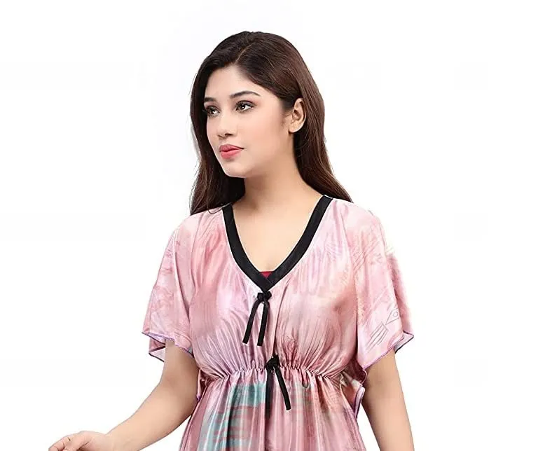 G4Girl Women Satin Silk Geometric Print Maxi Kaftan Nighty Gown (Free Size, Peach)