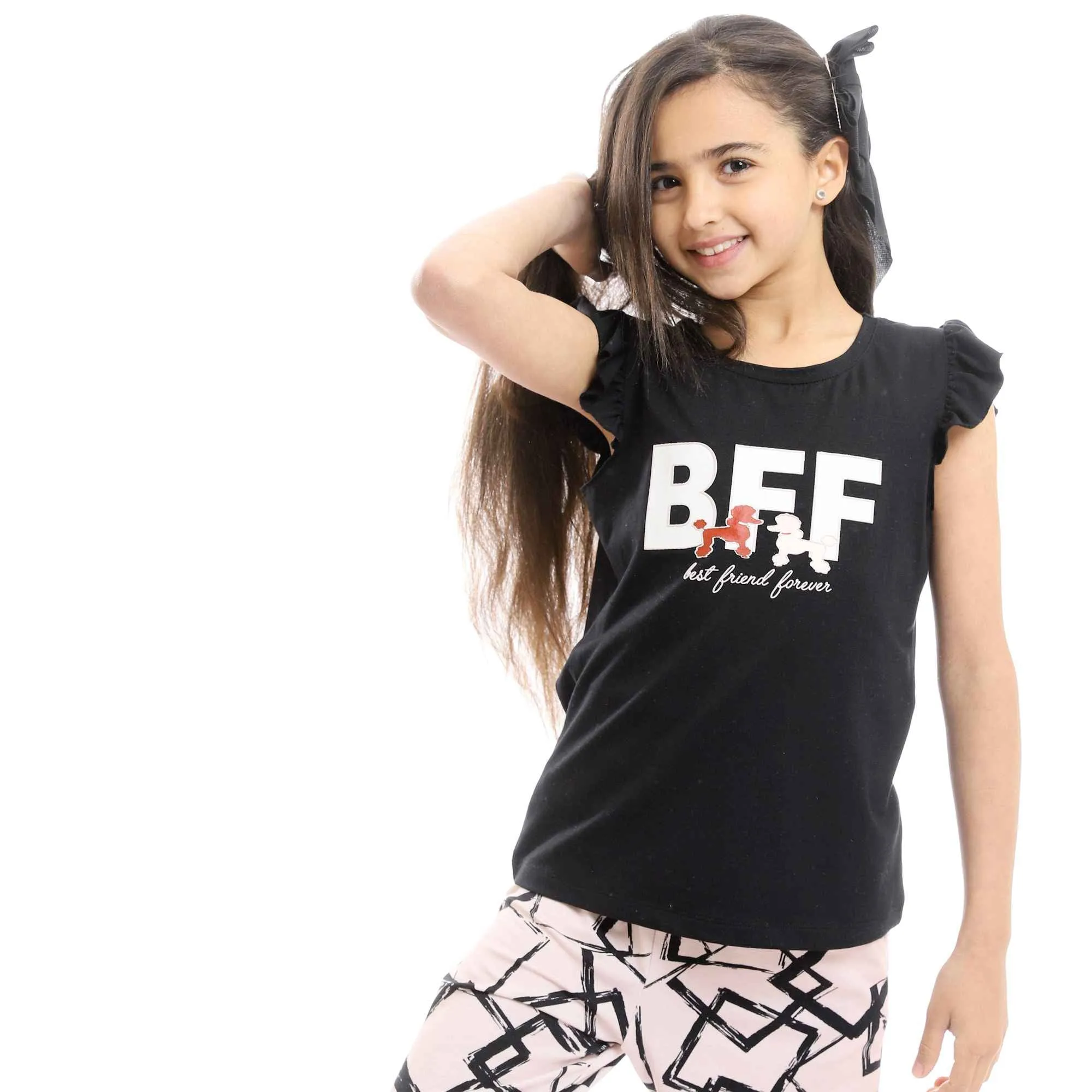 Girls Cap Sleeves Tee & Patterned Pants Pajama Set - Black & Rose