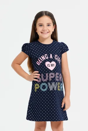 Girls Navy Printed Night Dress