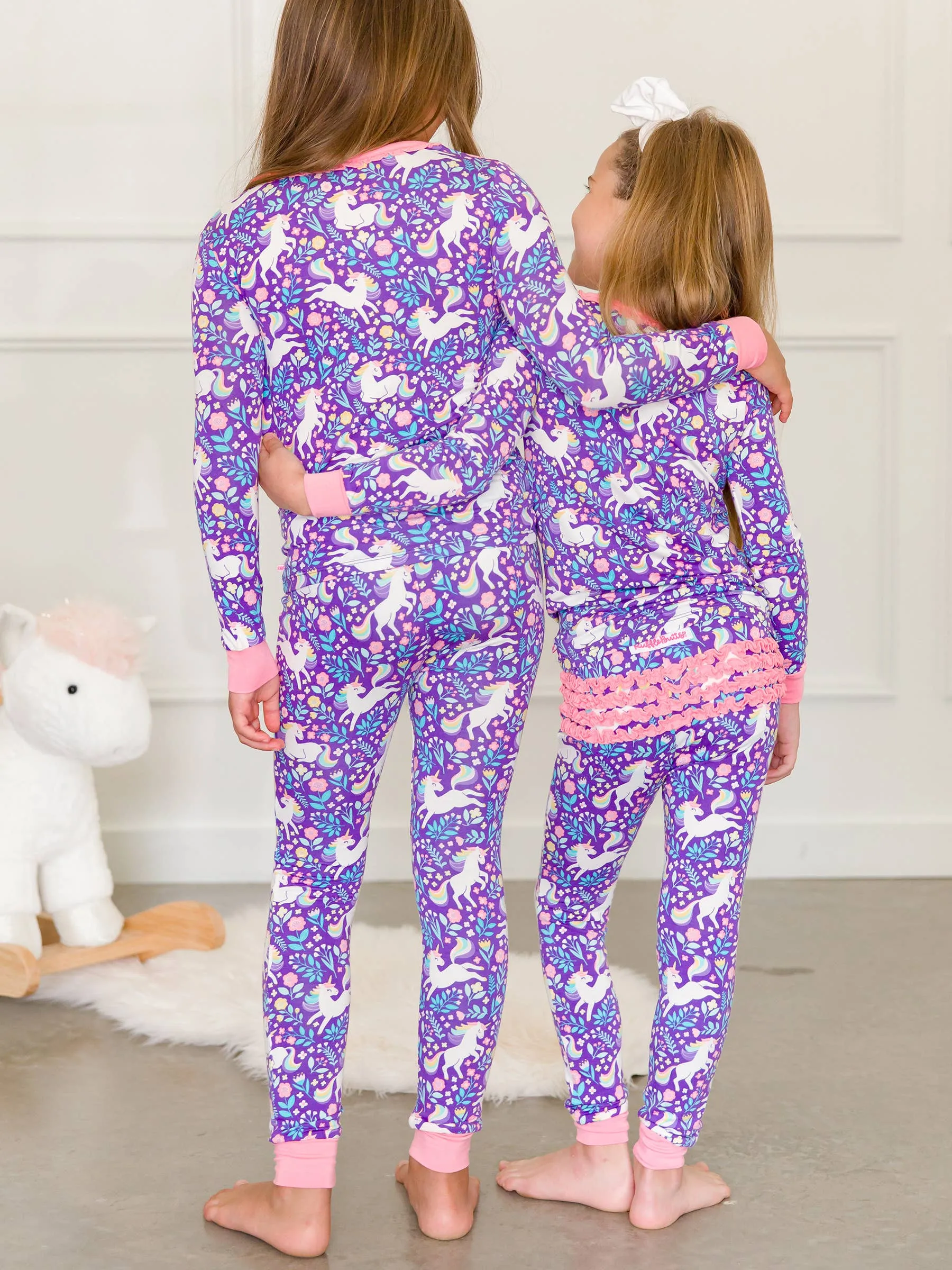 Girls Unicorn Meadow Bamboo Viscose Ruffle Long Sleeve Pajama Set