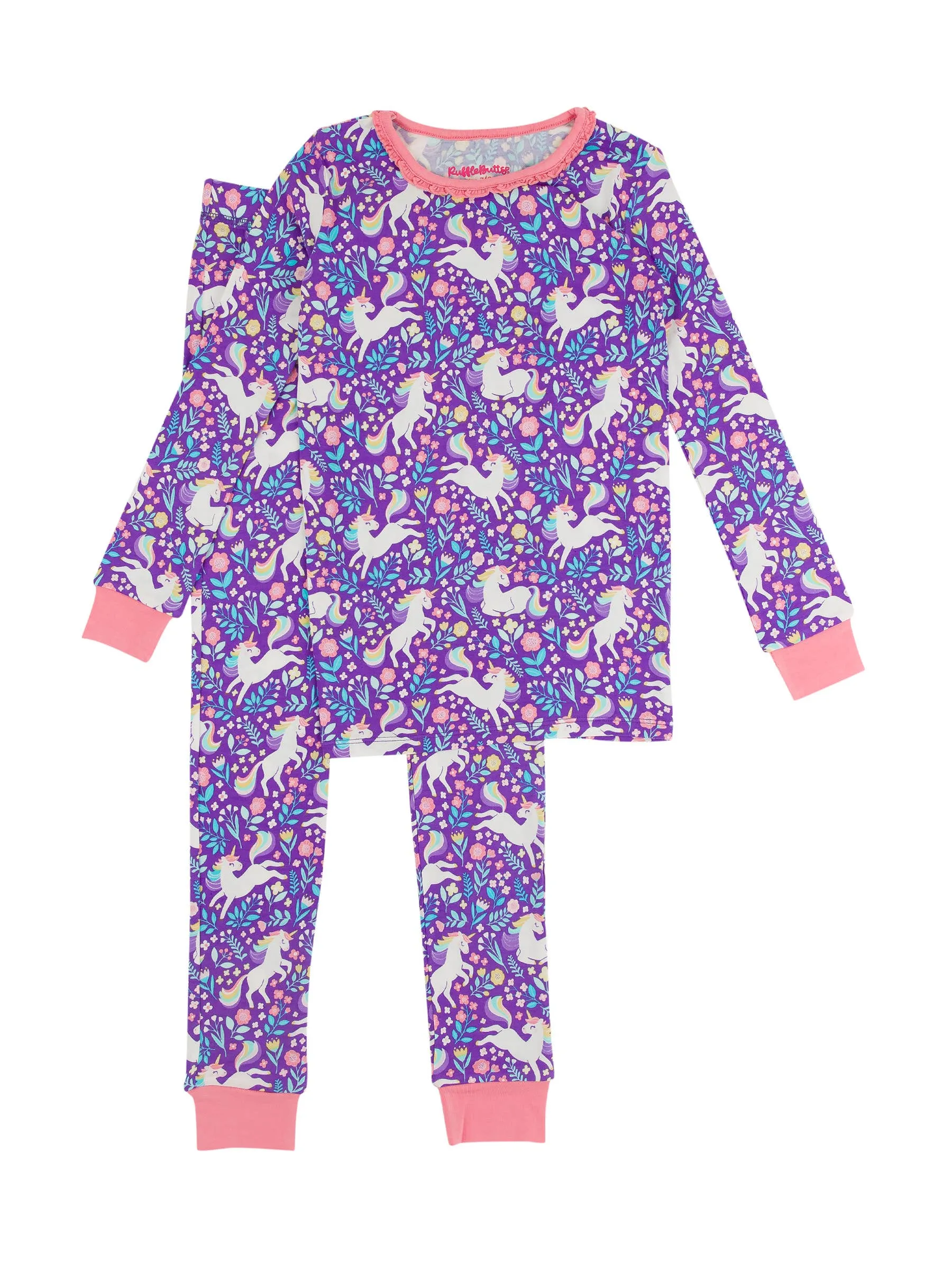 Girls Unicorn Meadow Bamboo Viscose Ruffle Long Sleeve Pajama Set