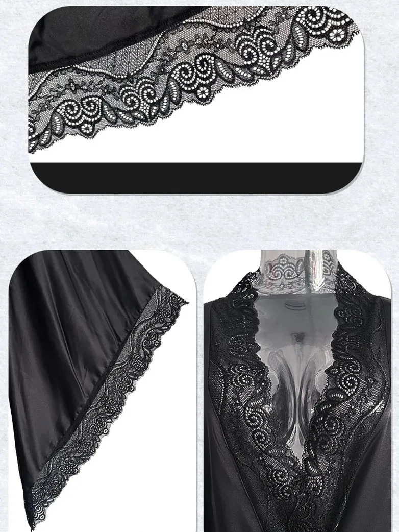 Gothic Sexy Satin Lace Nightgown Women Pajamas