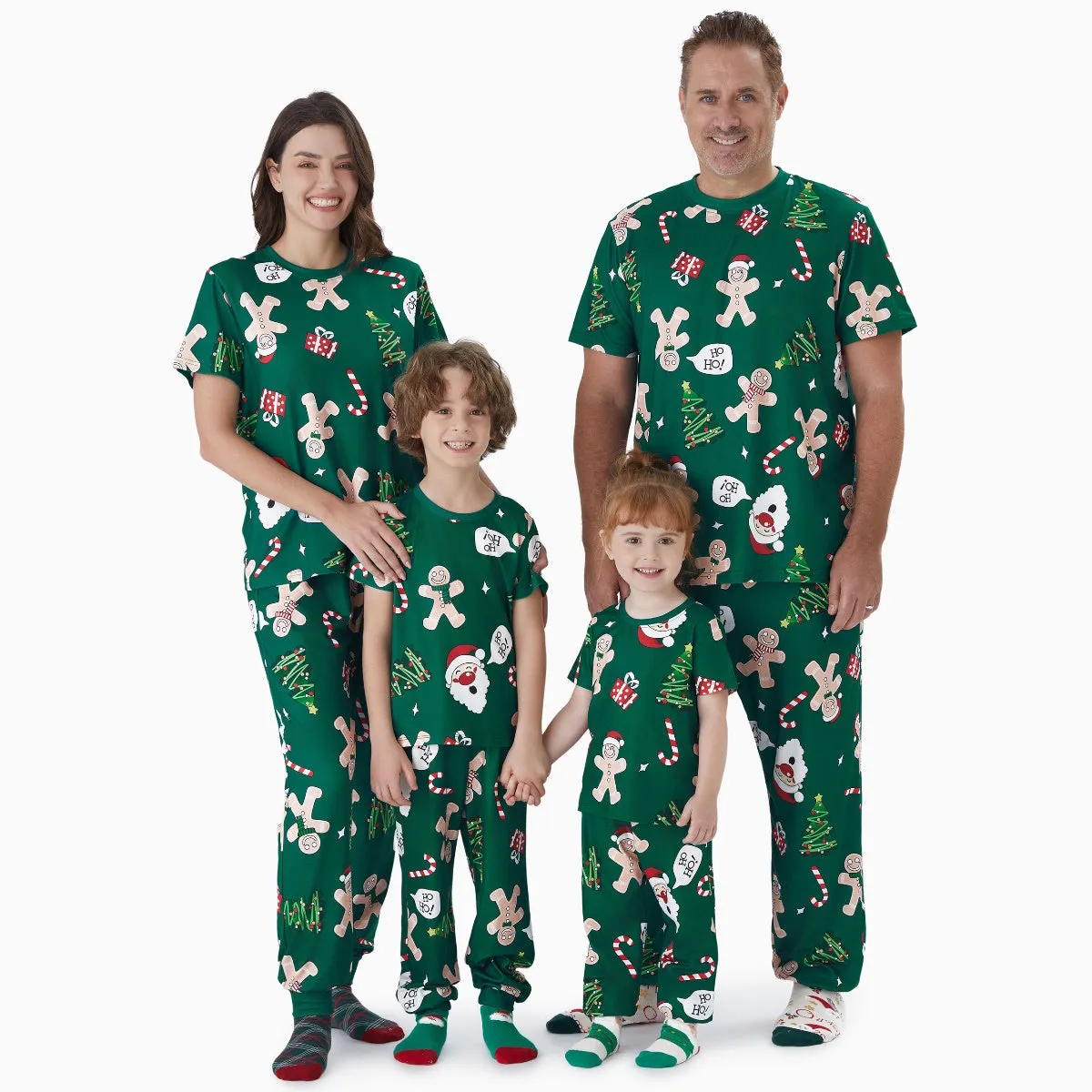 Green Short Sleeve Christmas Pajama Allover Gingerbread Santa Tree Gifts Print