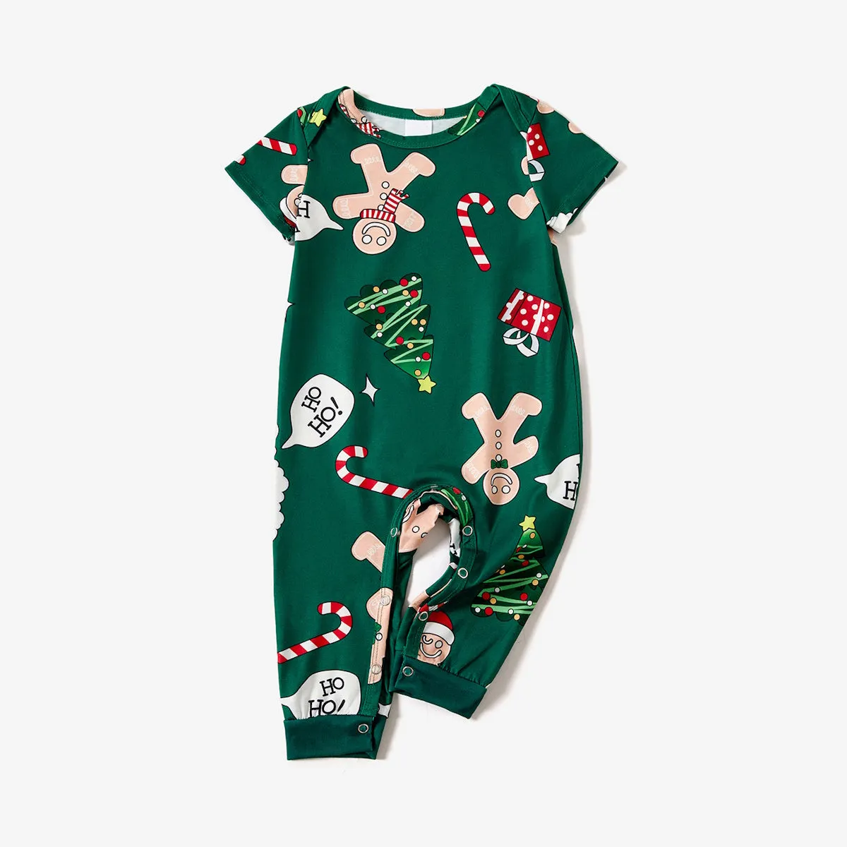 Green Short Sleeve Christmas Pajama Allover Gingerbread Santa Tree Gifts Print