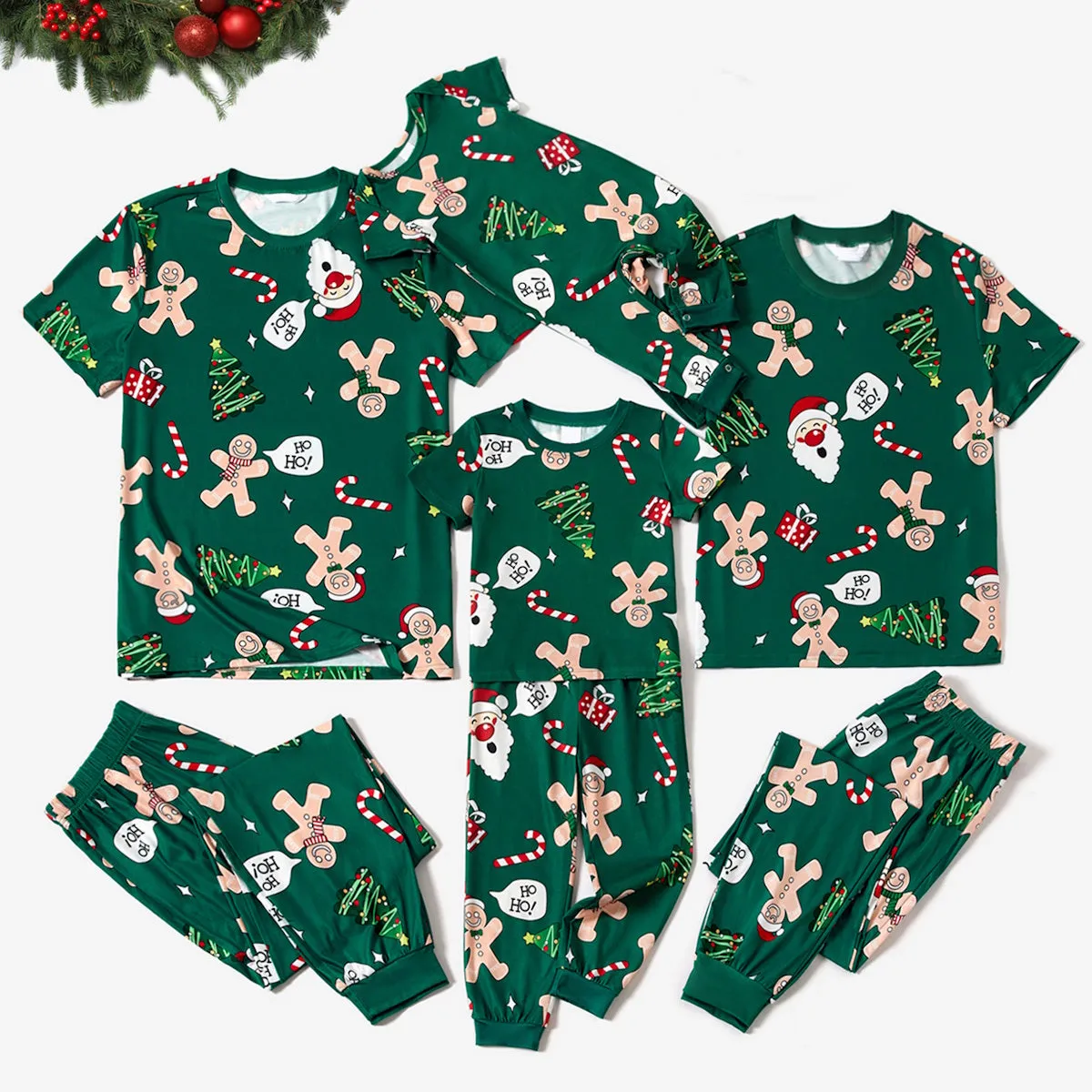 Green Short Sleeve Christmas Pajama Allover Gingerbread Santa Tree Gifts Print