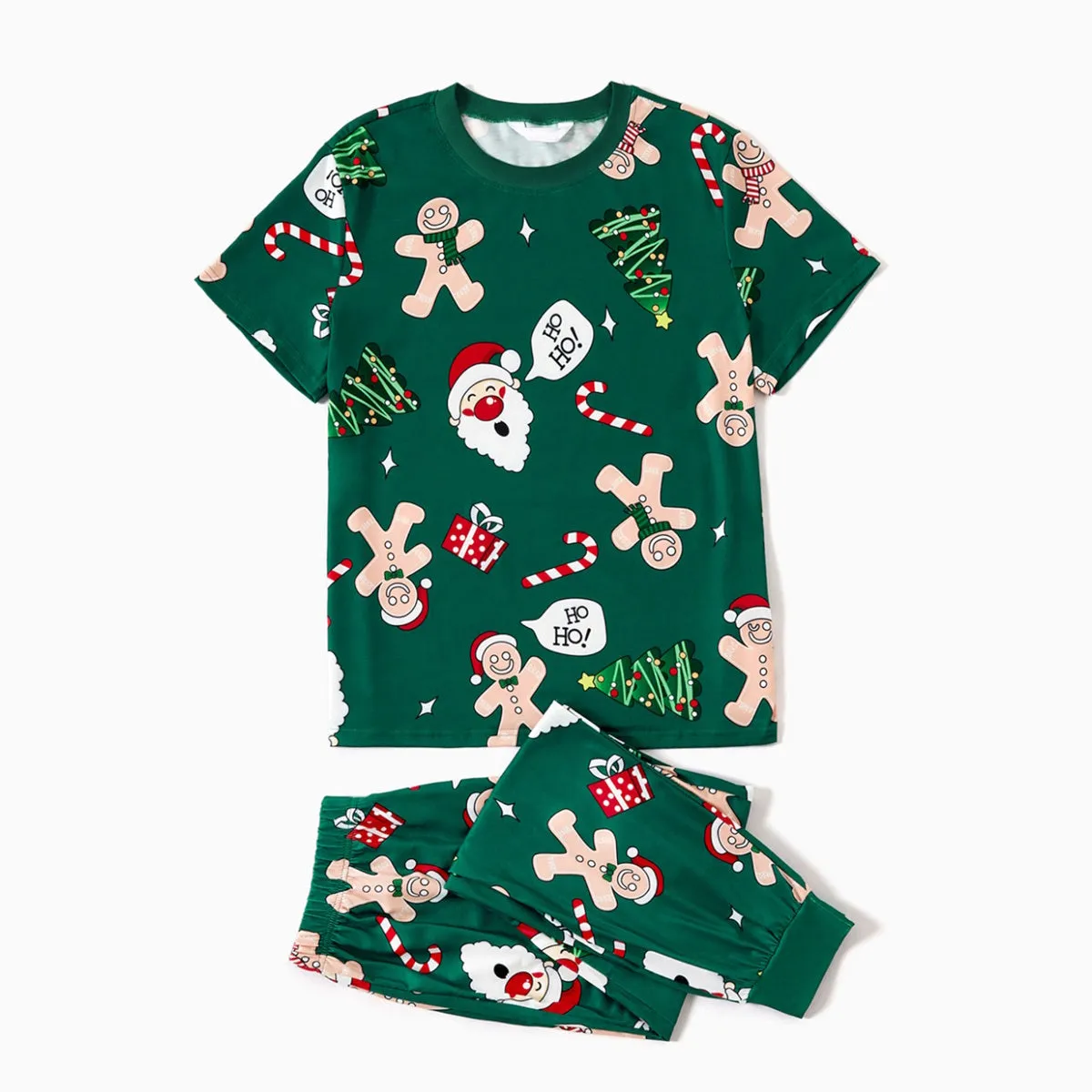 Green Short Sleeve Christmas Pajama Allover Gingerbread Santa Tree Gifts Print